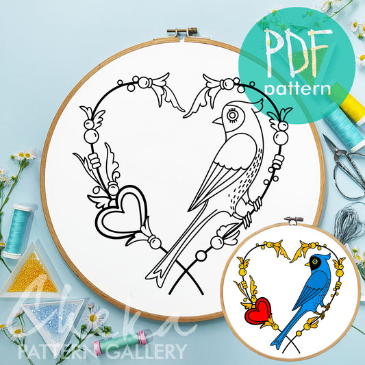 Bird Hand Embroidery pattern, Floral heart, Blue bird embroidery design, Hand Embroidery, St Valentin embroidery pattern, Diy Craft, Hoop Art