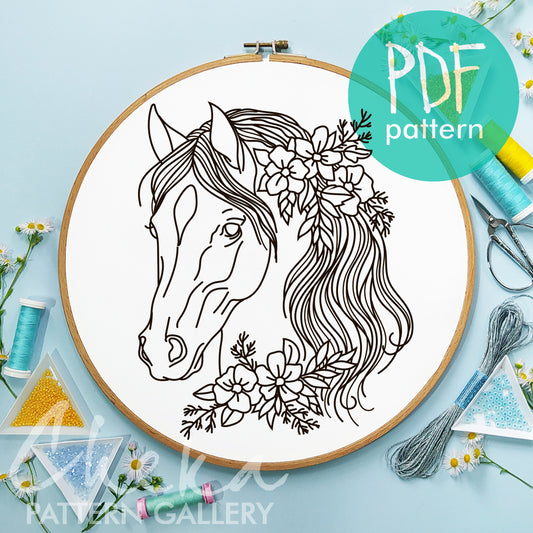 Horse embroidery pattern. Horse with flowers, hand embroidery template. Simple embroidery with horse and flowers. Horse digital portrait PDF