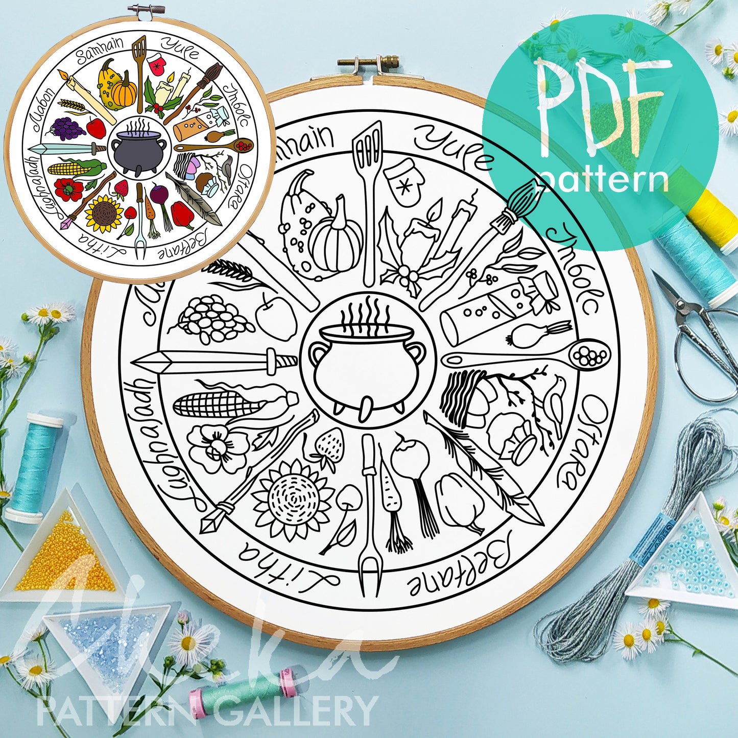Phenology wheel pattern, calendar to embroider the seasons, year,month embroidery. Yule, Samhain, Imbolc, Ostra. Phenology wheel templates 