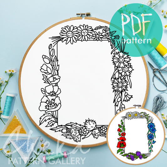 Photo frame pattern, hand embroidery pattern with summer flowers, handmade photo frame, digital embroidery pattern PDF. Nature Embroidery