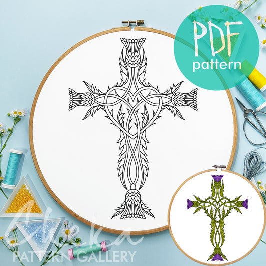 Embroidery hoop with Celtic cross design on a light blue background, featuring 'PDF pattern' text.