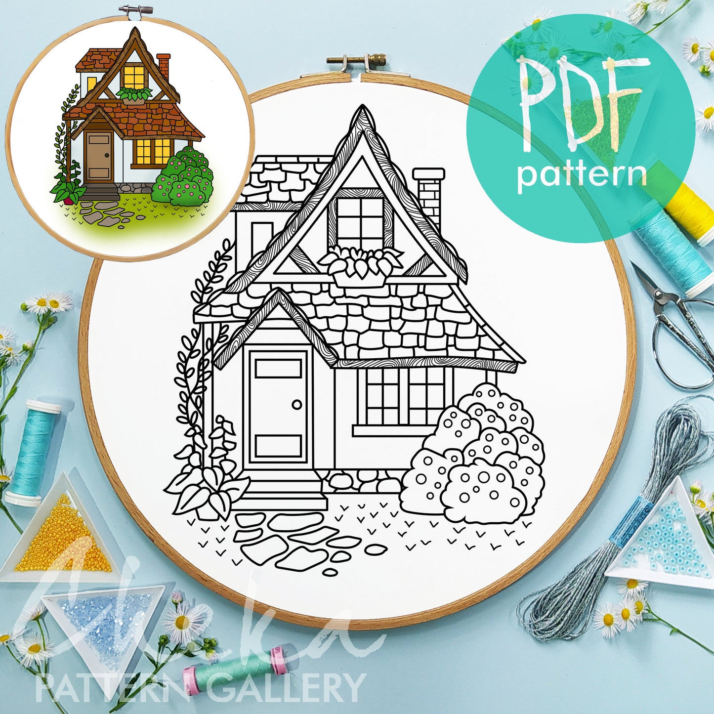Cottage Hand Embroidery Template, village House, garden Embroidery Pattern PDF, Cottagecore Embroidery Pattern, Home Hand Embroidery Pattern
