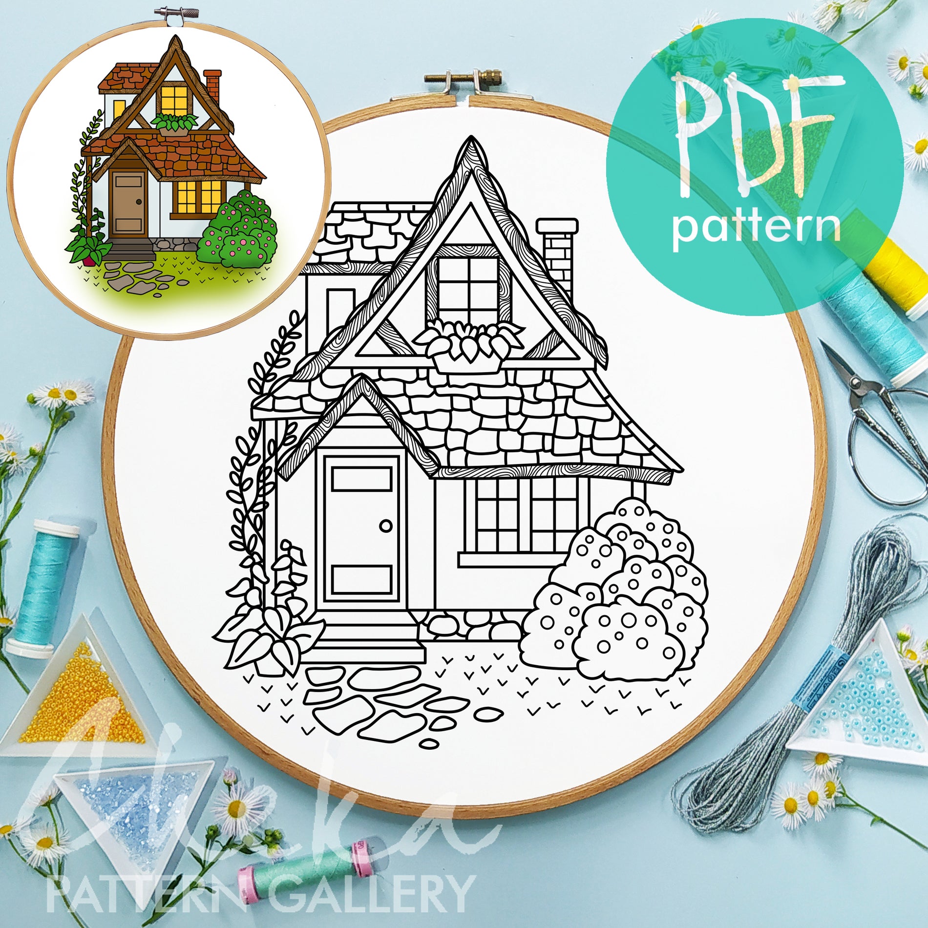 Cottage Hand Embroidery Template, village House, garden Embroidery Pattern PDF, Cottagecore Embroidery Pattern, Home Hand Embroidery Pattern
