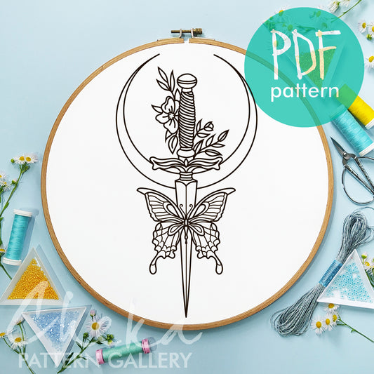 Gothic embroidery, dagger and butterfly. A pattern for hand embroidery with a dagger and a butterfly. Halloween embroidery, scary embroidery