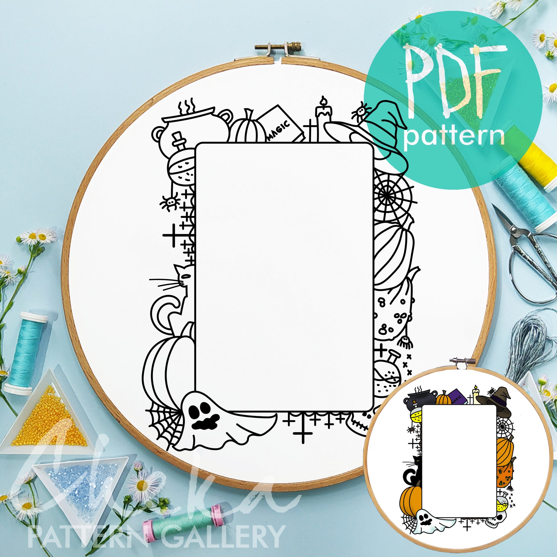 Photo frame, Halloween hand embroidery pattern, handmade embroidered frame, spooky season, digital embroidery pattern PDF. Scary Embroidery