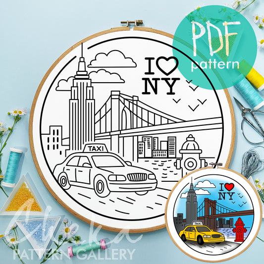 New York, symbol of the city. American embroidery, Hand embroidery pattern PDF. Modern hoop art