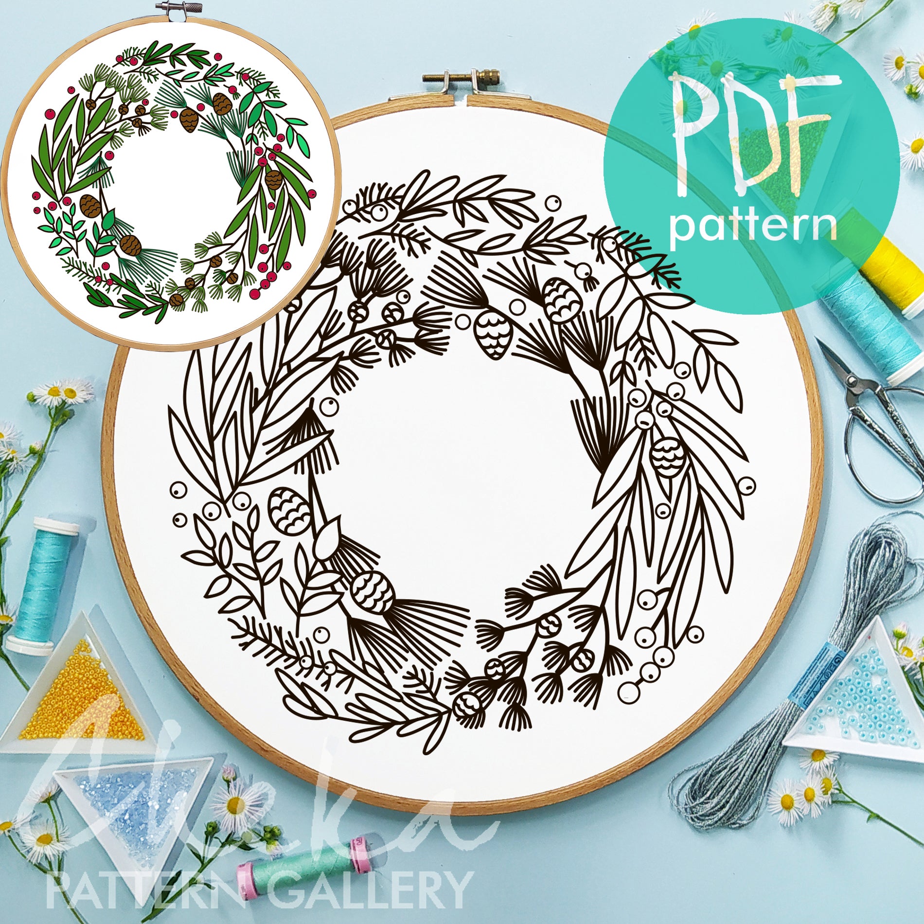 Festive wreath made of spruce and leaves. Floral embroidery pattern PDF. Christmas DIY Embroidery template