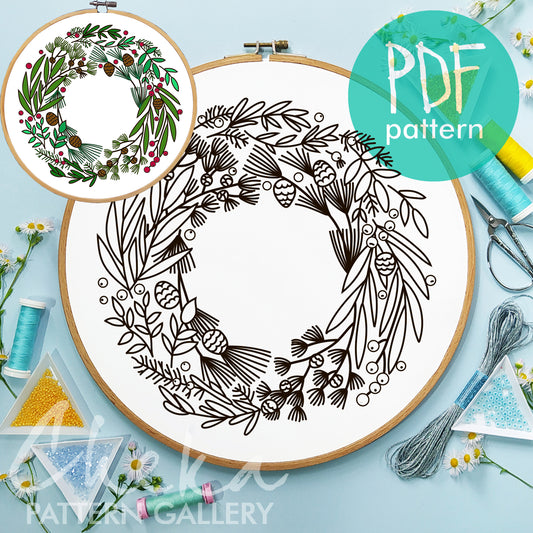 Festive wreath made of spruce and leaves. Floral embroidery pattern PDF. Christmas DIY Embroidery template