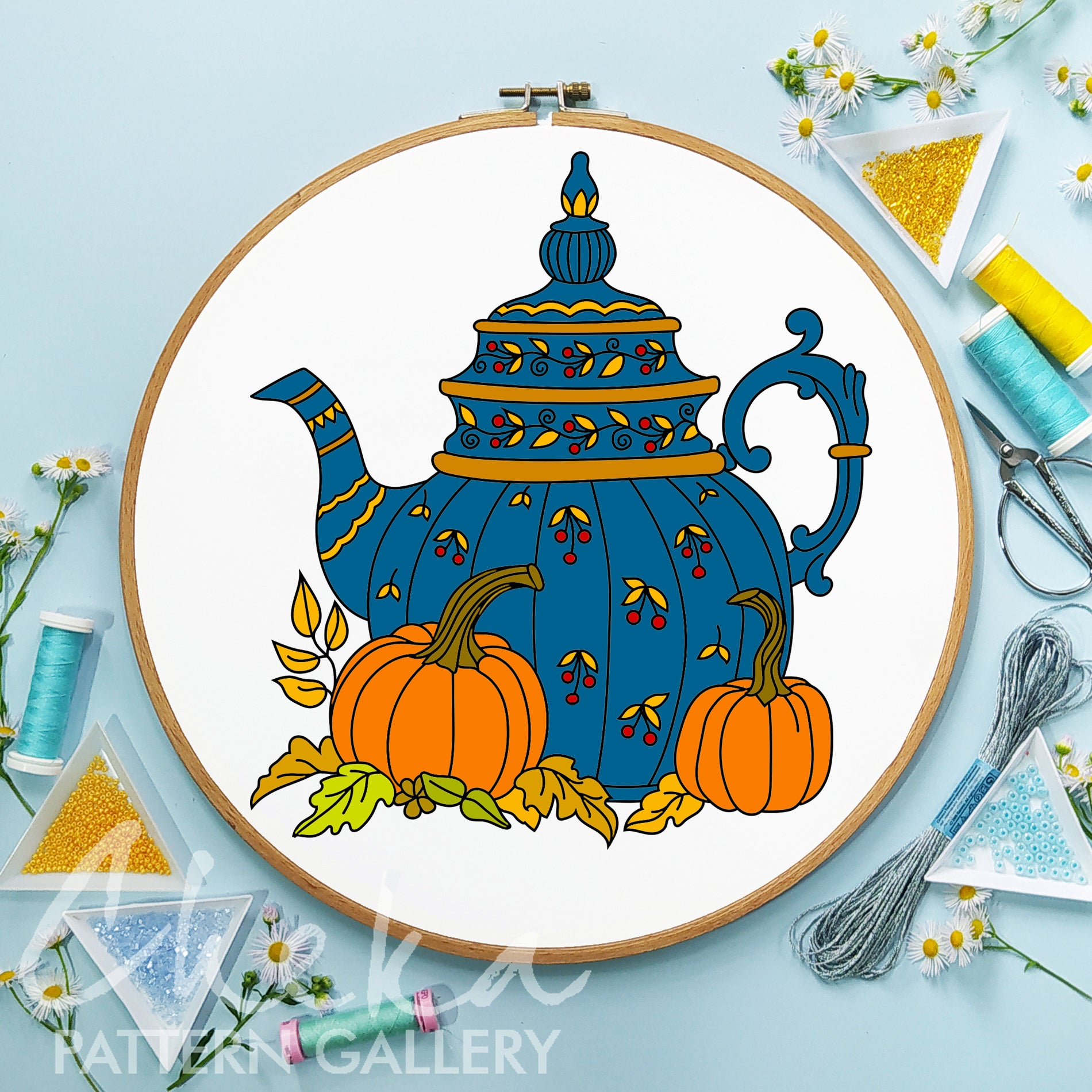 Teapot embroidery pattern, Floral Tea Embroidery, Autumn Embroidery Pattern, Pumpkins and Autumn Foliage, Fall hoop art, modern embroidery