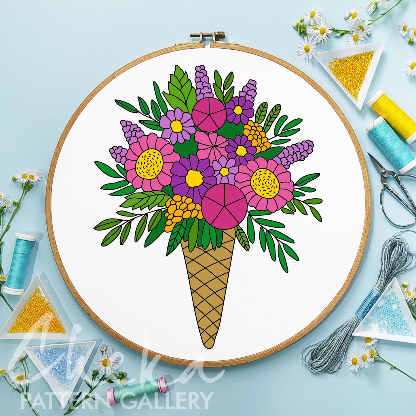 Ice cream Flower pattern. Floral embroidery template. Hand embroidery pattern PDF. Hoop Art
