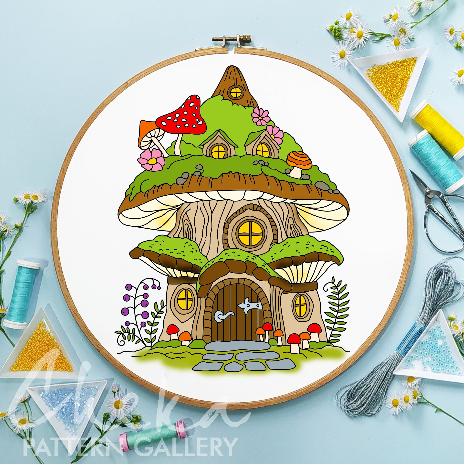 Fairy house, Hand Embroidery Template. Fairy Cottage, PDF embroidery pattern