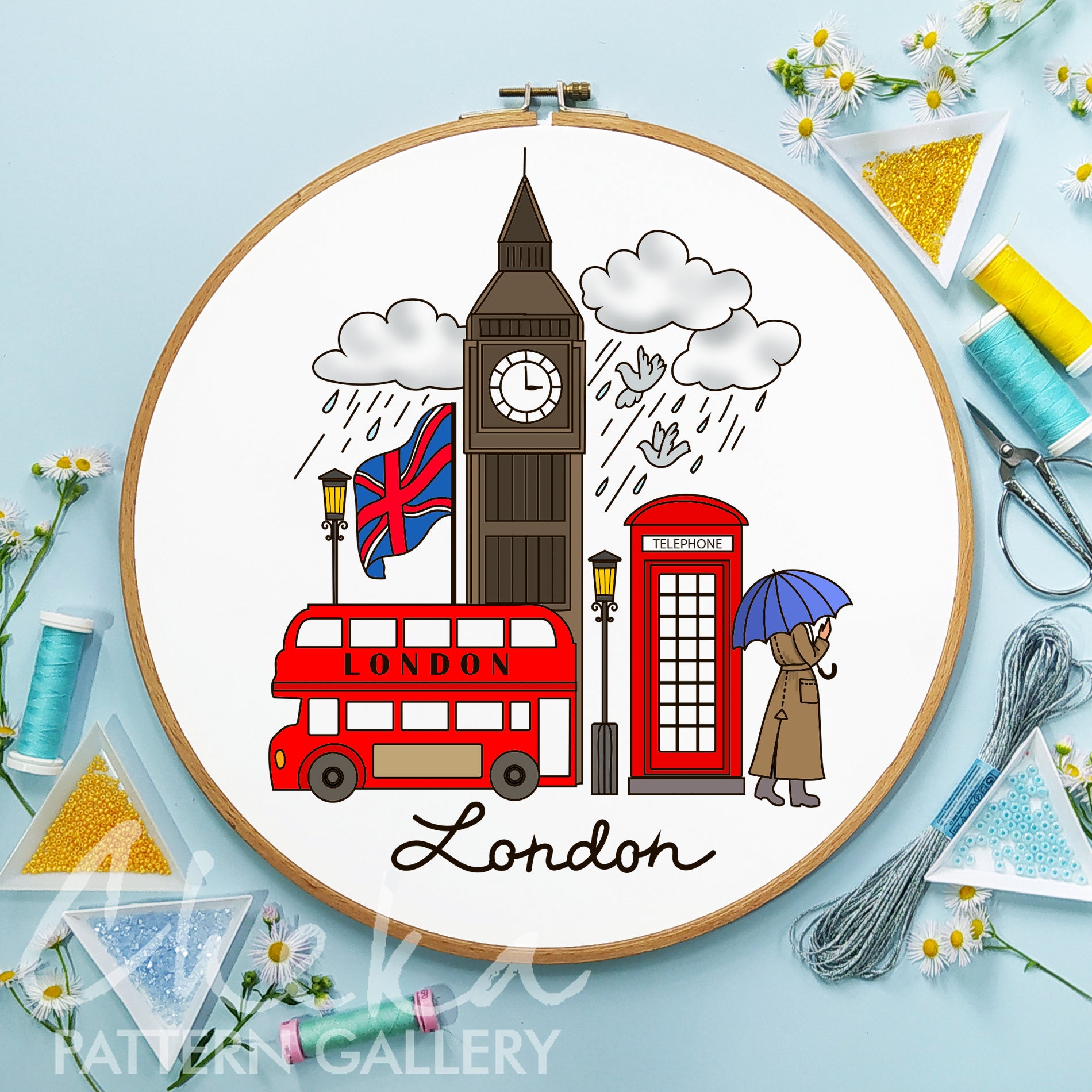 London embroidery pattern, Big Ben template, Hand embroidery pattern PDF. Modern hoop art, English embroidery. Handmade embroidery pattern
