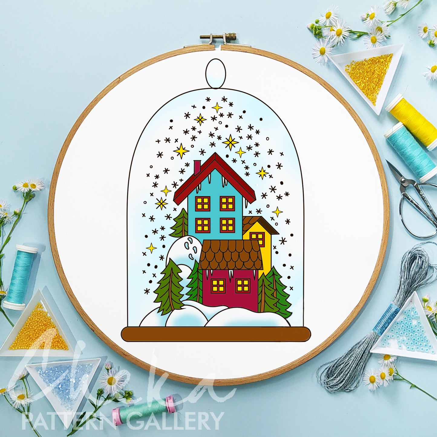 Christmas embroidery pattern, Holiday Village template, Christmas houses under the snow, Christmas hand embroidery PDF, Christmas decor