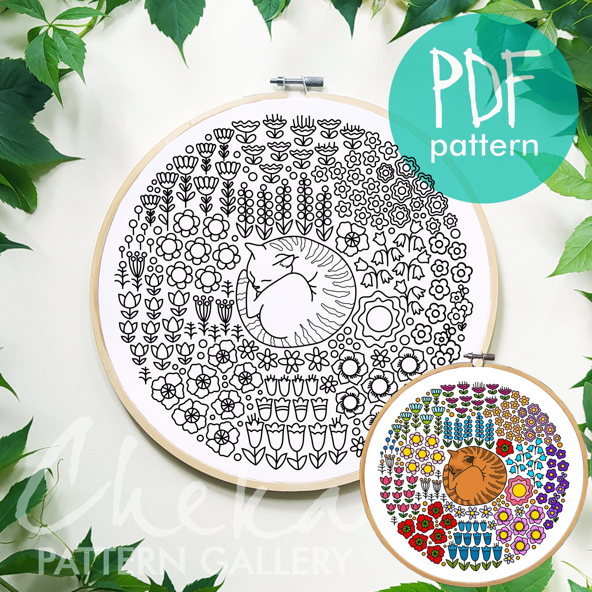 Cat and flowers Embroidery, Modern Cat Embroidery, Cute Cat Embroidery, Cat Lover Gift, spring garden, spring decor, DIY cat portrait PDF
