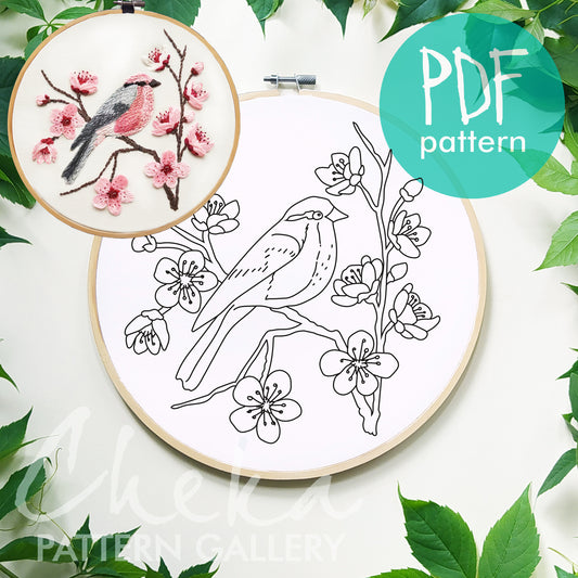 Spring bird, embroidery blueprint. Pink Bird and flowers, Spring embroidery project. Hand Embroidery Pattern PDF, Instant Download, hoop art