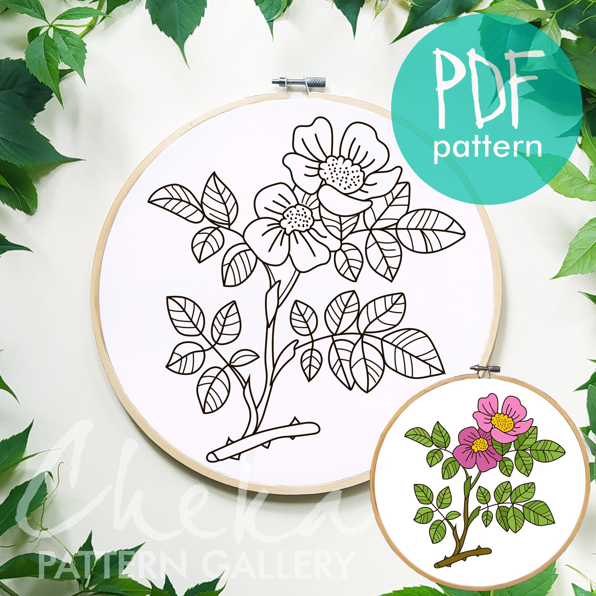 Wild rose, hand embroidery pattern PDF, branch of pink forest rose, wild roses. Embroidery for Beginners, Flower Embroidery Design