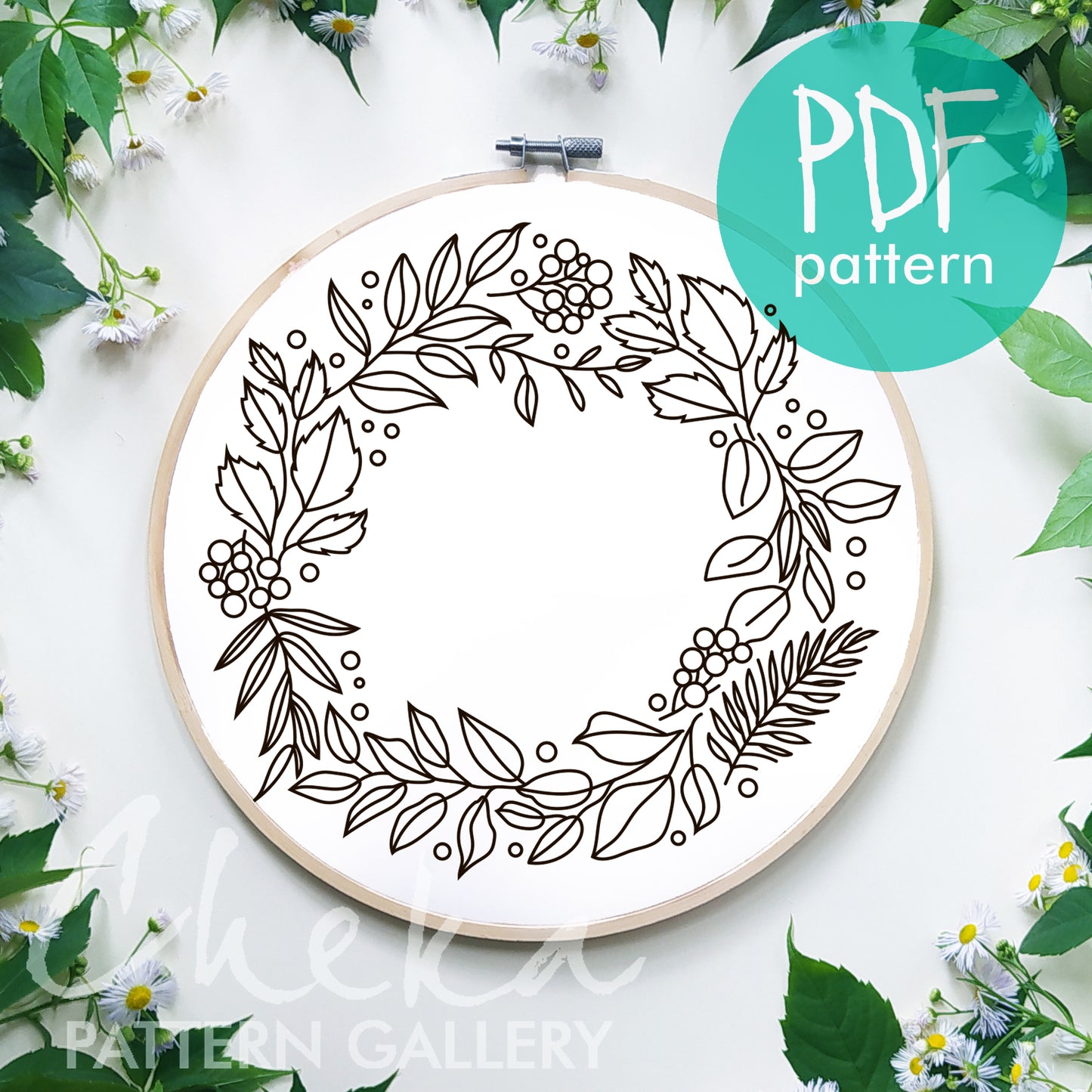 Floral embroidery pattern, garden embroidery. A wreath with wild berries and leaves. Beautiful handmade pattern for hand embroidery PDF.