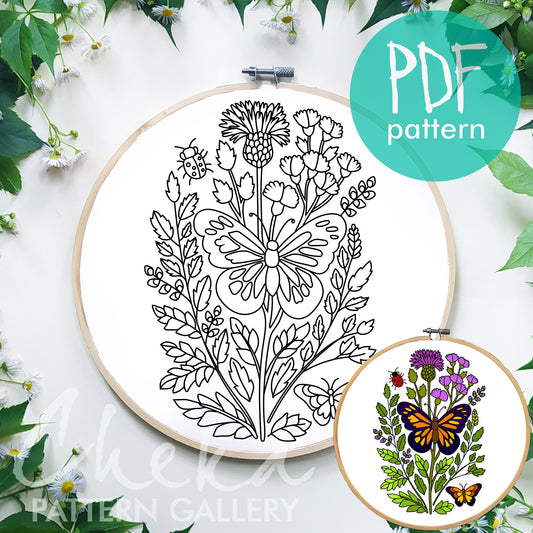 Embroidery hoop with floral design and PDF pattern label on a white background with green leaves and flowers.
