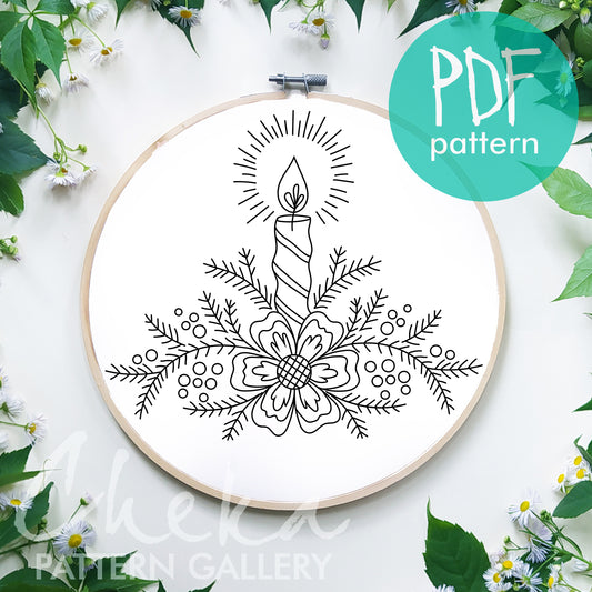 Holiday candle Embroidery Pattern, Christmas Hand Embroidery Design, Classic embroidery pattern. Handmade Craft, Vintage Christmas candles