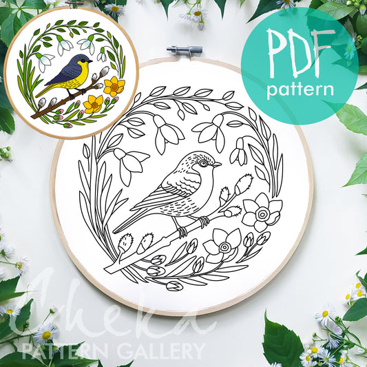 Small bird, the symbol of spring. Bird hand embroidery pattern. Colorful titmouse, Hand Embroidery Pattern PDF, Instant Download, hoop art