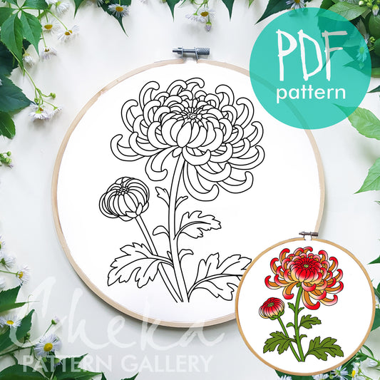 Chrysanthemum, hand embroidery pattern PDF, November Birth Flower, Botanical embroidery, Fall Art