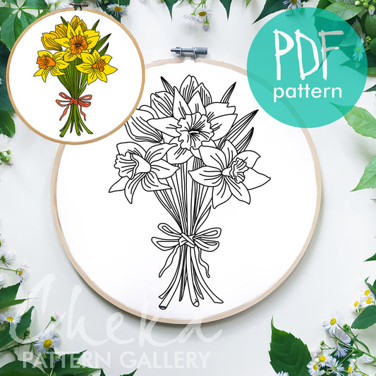 Yellow narcissus, digital hand embroidery pattern. Floral Embroidery Pattern, Daffodils, Bouquet of daffodils, spring embroidery template