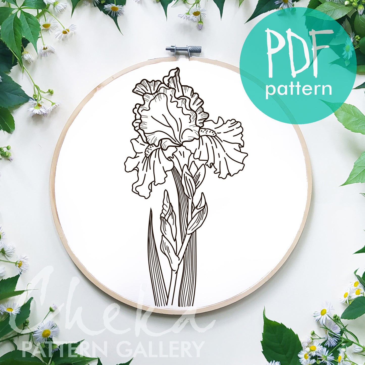 Floral embroidery, iris pattern. Botanical embroidery, beautiful iris flower. Digital pattern for hand embroidery.