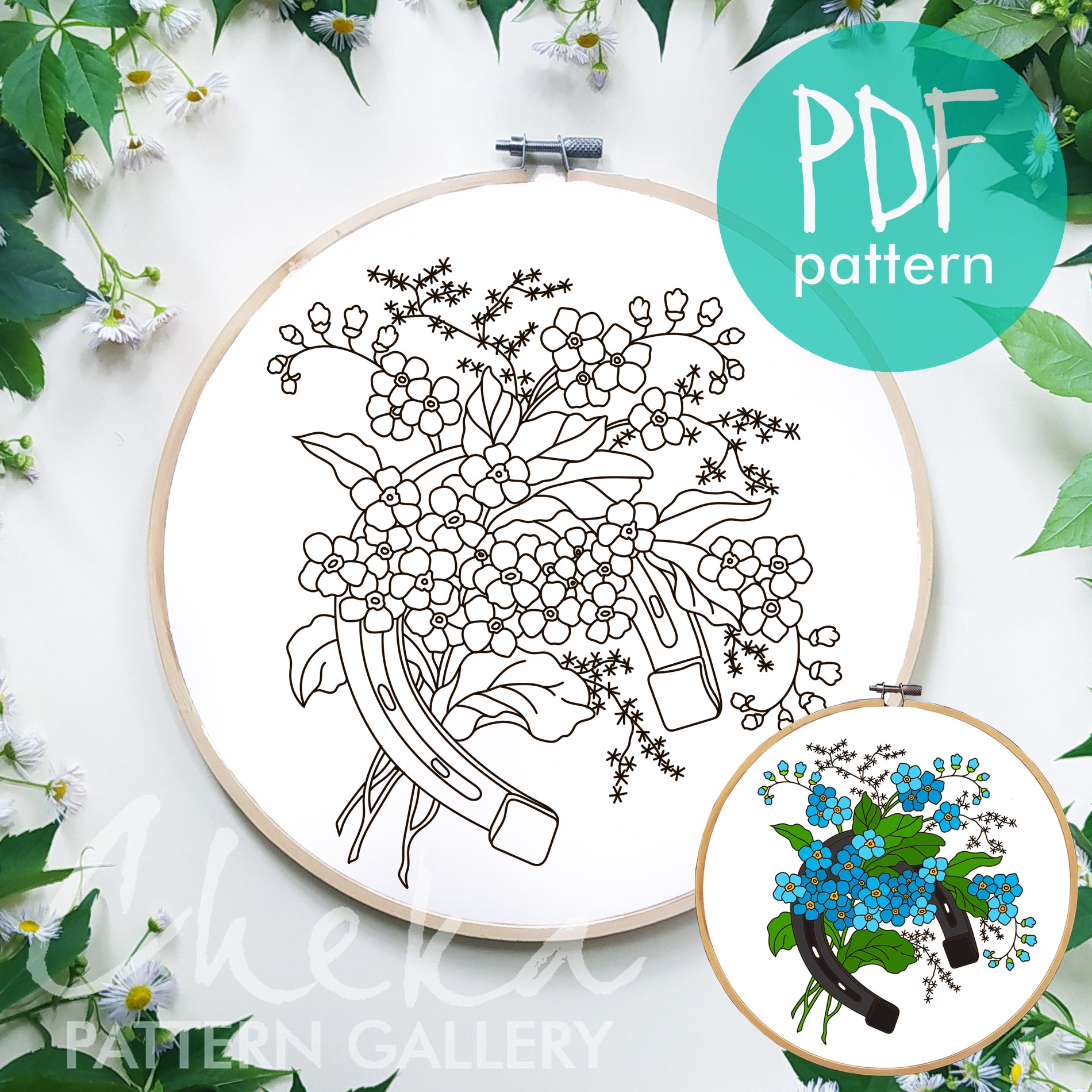 Horseshoe with Forget-me-nots, spring project, horseshoe PDF hand embroidery pattern , symbol of wealth and well-being. Horseshoe template