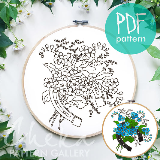 Horseshoe with Forget-me-nots, spring project, horseshoe PDF hand embroidery pattern , symbol of wealth and well-being. Horseshoe template