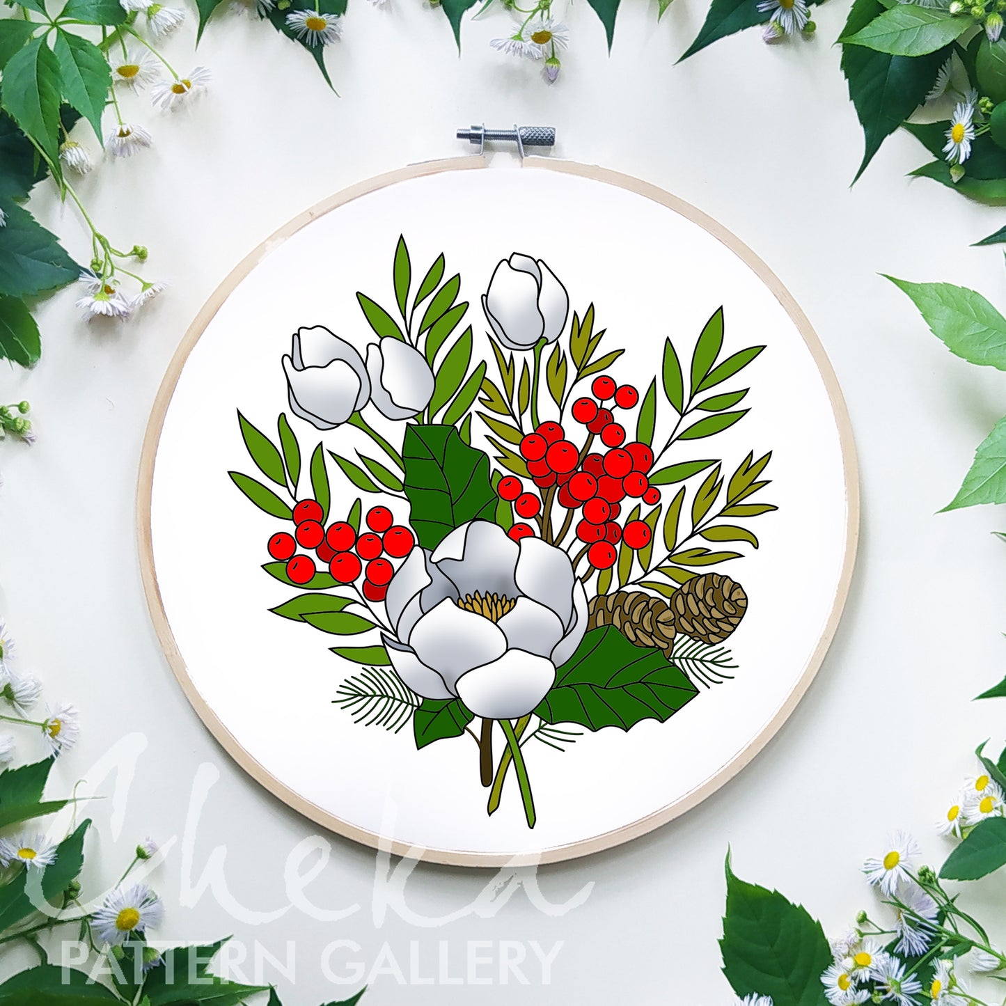 Christmas Bouquet Hand Embroidery Pattern with Holly, Christmas Flower. Poinsettia and Pinecones, Christmas Embroidery Art, DIY Holiday Gift