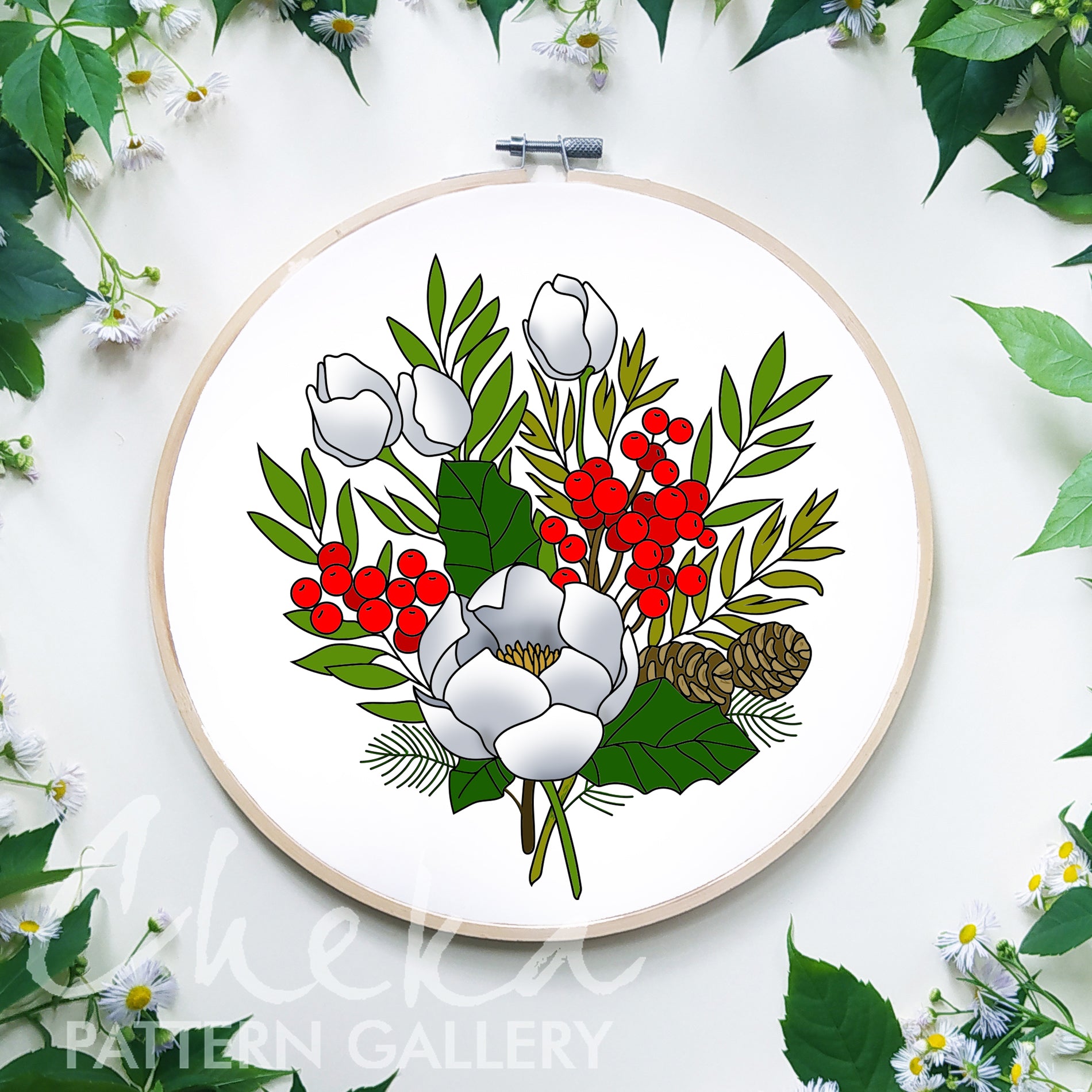 Christmas Bouquet Hand Embroidery Pattern with Holly, Christmas Flower. Poinsettia and Pinecones, Christmas Embroidery Art, DIY Holiday Gift