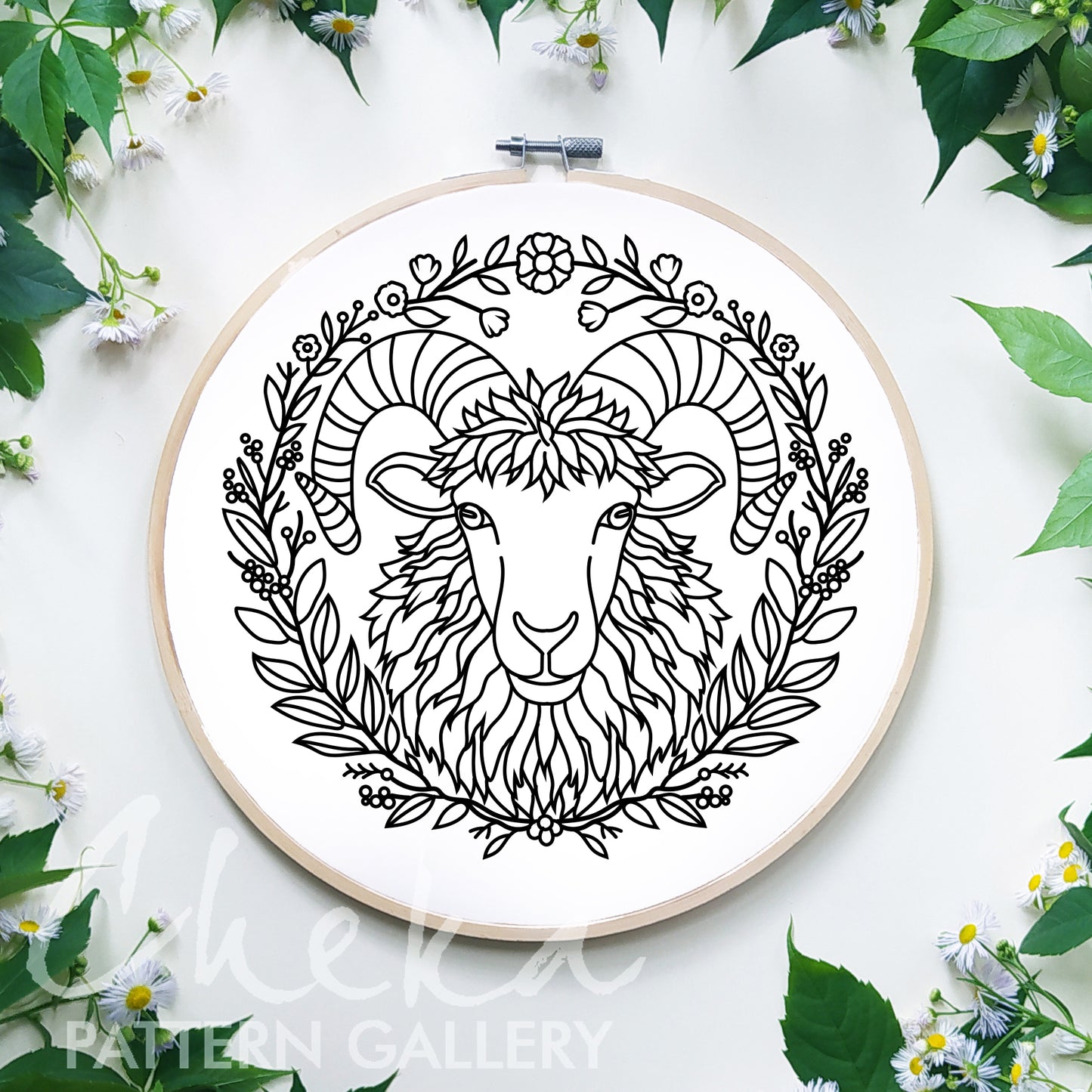 A sheep, pattern for hand embroidery with a ram's head. Design for hand embroidery with bighorn. Curly sheep with flowers, digital download