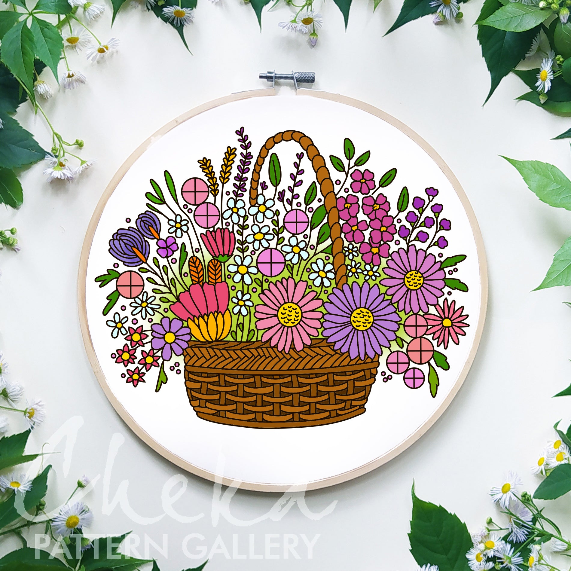 Flower Basket Hand Embroidery Pattern, Floral Basket, Summer Wildflowers, Basket of Blossoms, Embroidery Pattern PDF, Beginner Embroidery,