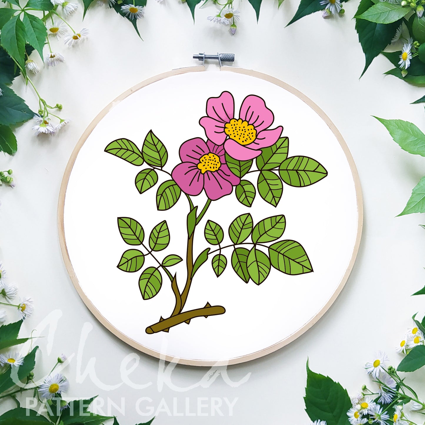 Wild rose, hand embroidery pattern PDF, branch of pink forest rose, wild roses. Embroidery for Beginners, Flower Embroidery Design