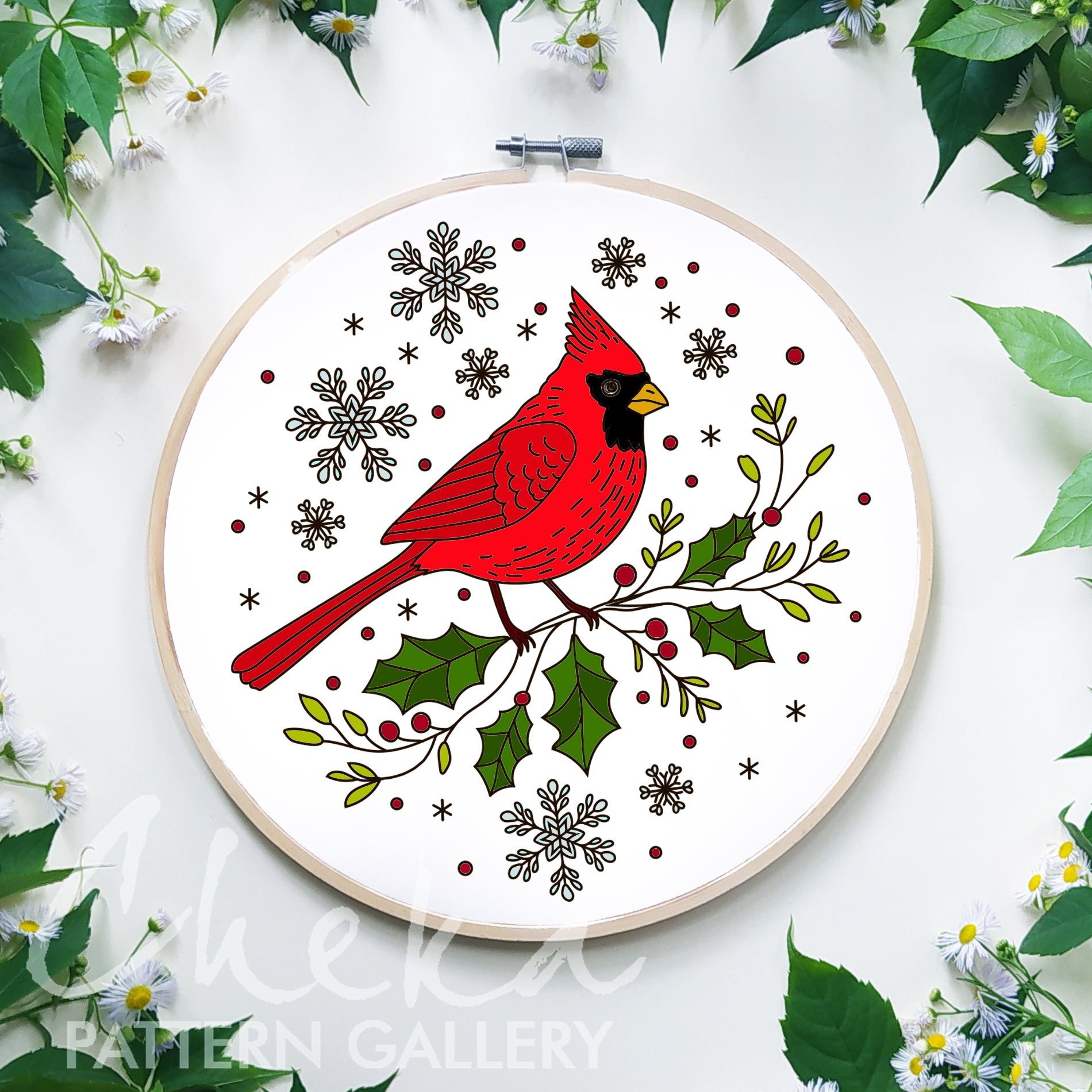 Winter Cardinal Hand Embroidery Pattern, Winter Bird design, DIY Holiday Craft Project, Instant Download PDF, Beginner Friendly Embroidery