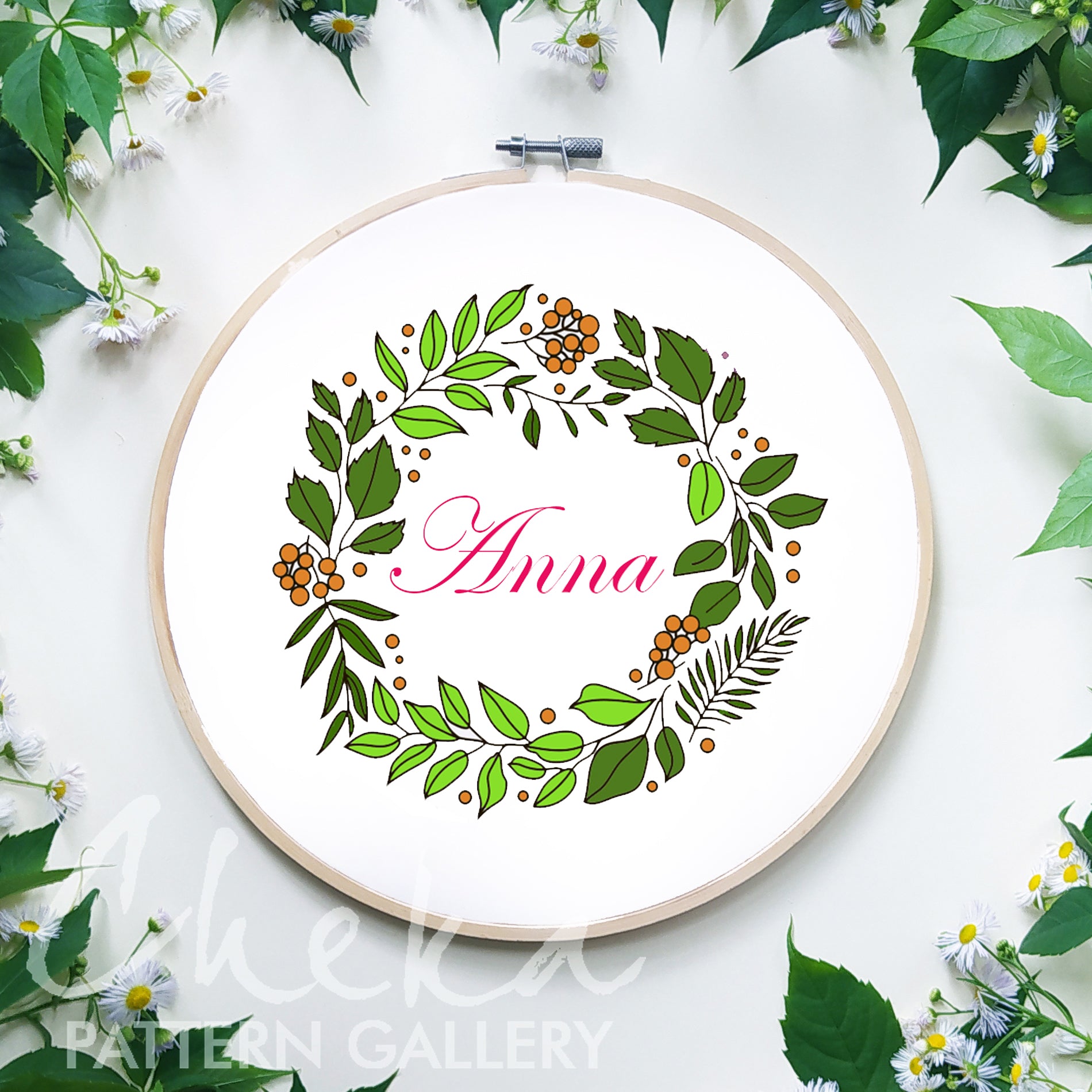 Floral embroidery pattern, garden embroidery. A wreath with wild berries and leaves. Beautiful handmade pattern for hand embroidery PDF.