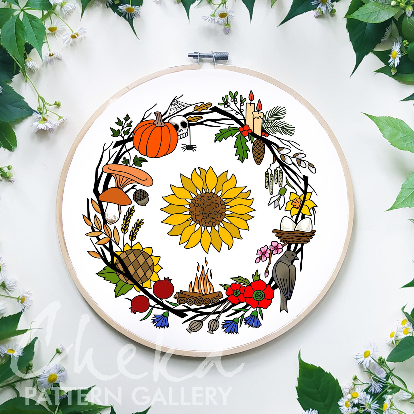 Phenology wheel pattern, calendar to embroider the year, seasons, month embroidery. Sabbats, Christmas, Easter phenology wheel templates PDF