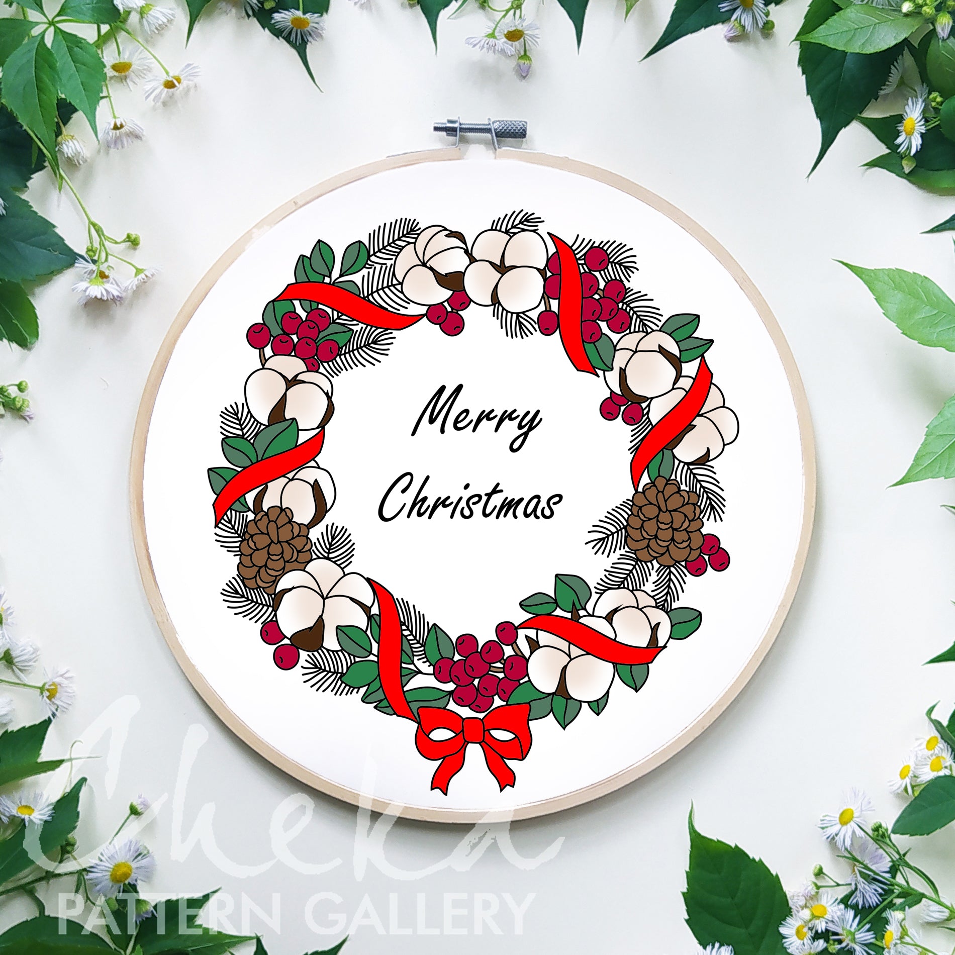 Christmas embroidery pattern, Botanical Embroidery, Holly and cotton, Christmas Holly hand embroidery pattern for tablecloth. Cotton Berries