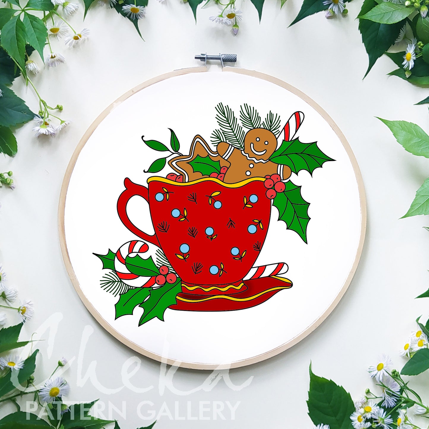 Christmas embroidery pattern, Gingerbread Man pattern, Holiday Christmas cup with Holly hand embroidery pattern, Christmas Holly Berries