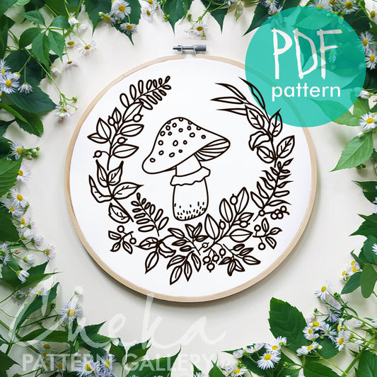 Mushroom Embroidery Design, Mushrooms and leaves, Hand Embroidery Pattern, Autumn Embroidery Template, Fall Woodland Embroidery, PDF Pattern