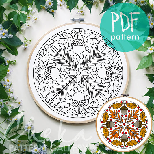 Oak hand embroidery pattern. PDF template with oak leaves, berries and acorns, Modern hoop art. Acorns embroidery pattern, fall embroidery