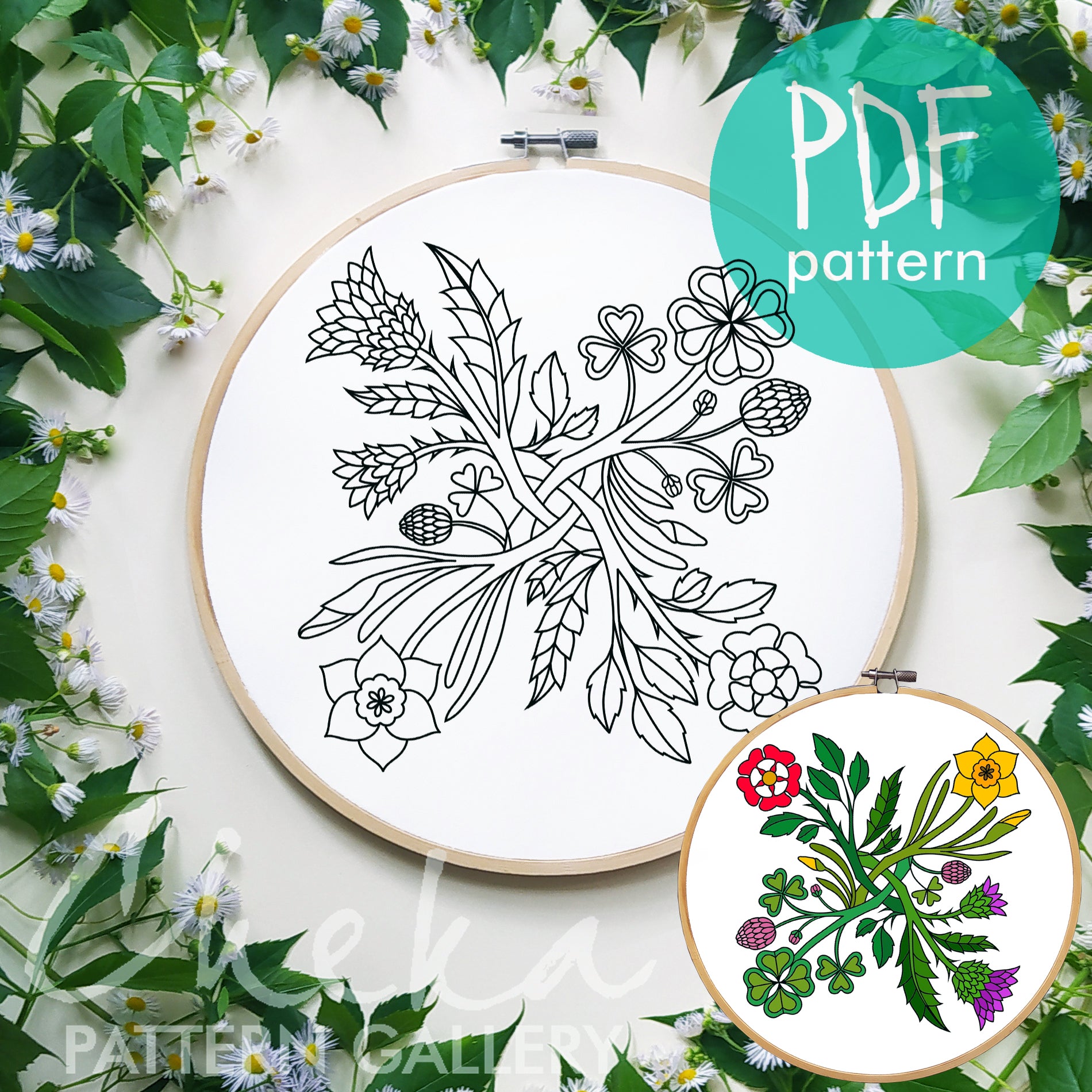 United Kingdom Symbols. Plant symbols of England: the rose, daffodil, clover, thistle. Hand embroidery pattern PDF. Hoop Art