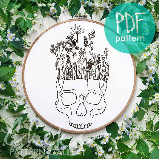 Embroidery scheme with skull, Skull pattern with wildflowers, digital pattern for hand embroidery. Bouquet of wild flowers. Embroidery scheme with skull, home wall decor