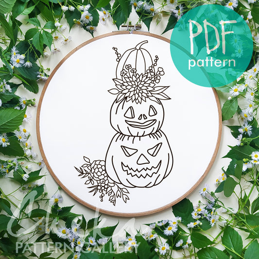 Pumpkins Hand Embroidery Pattern, Halloween embroidery pattern. Pumpkins Pattern, Pumpkin Design. Evil smiling pumpkins. Autumn embroidery