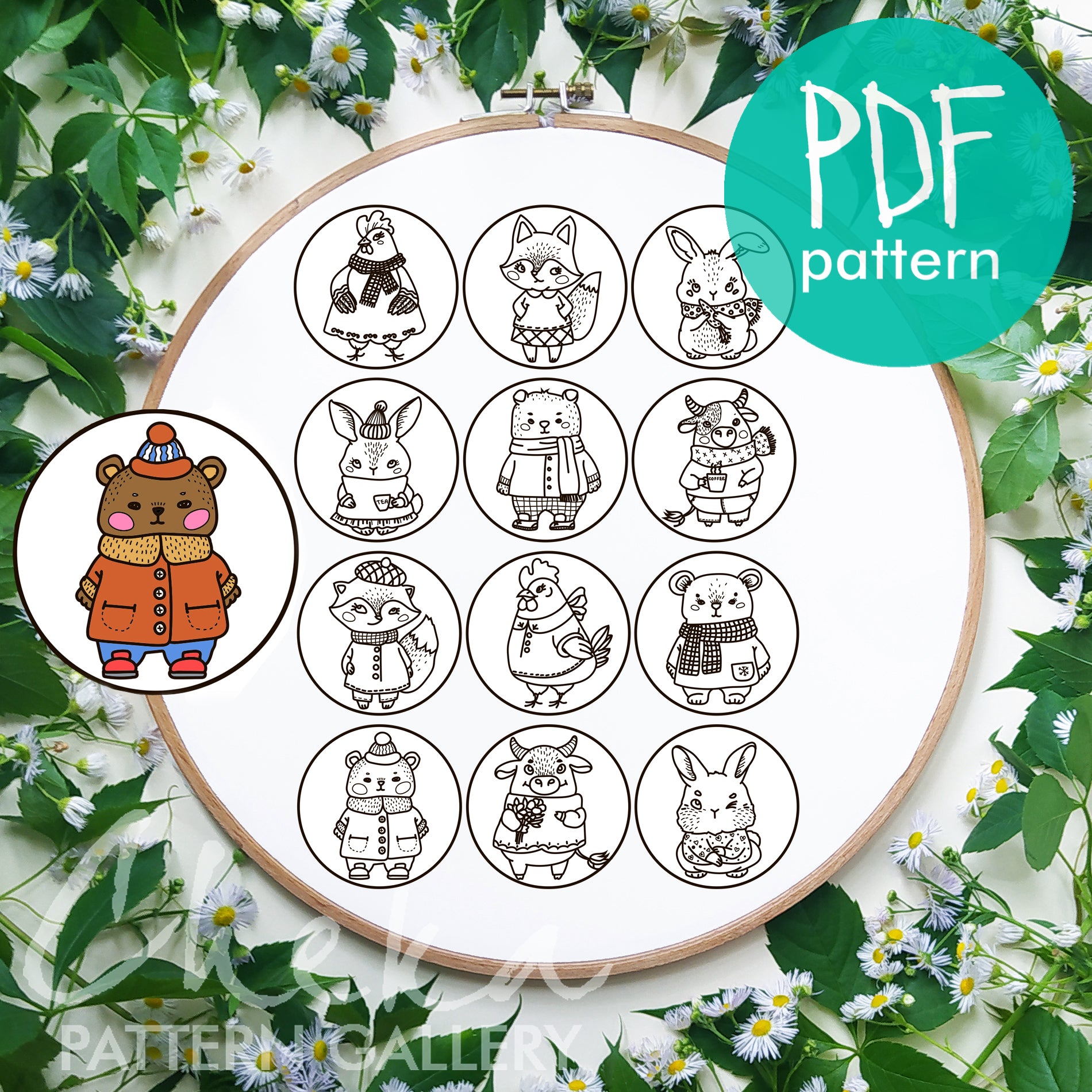 Christmas patterns for hand embroidery.A set of 12 Patterns with funny animals.Christmas embroidery with bear, foxe, rabbit, cow and chicken