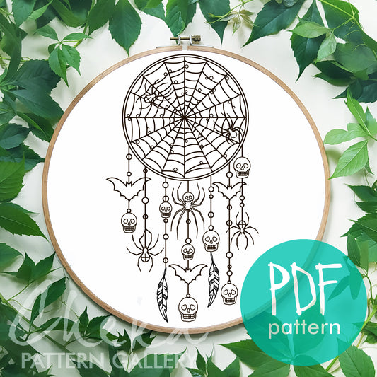 The dreamcatcher. Amulet for sleeping, embroidery pattern. Halloween dreamcatcher, creepy embroidery. Witch pattern, Halloween embroidery.