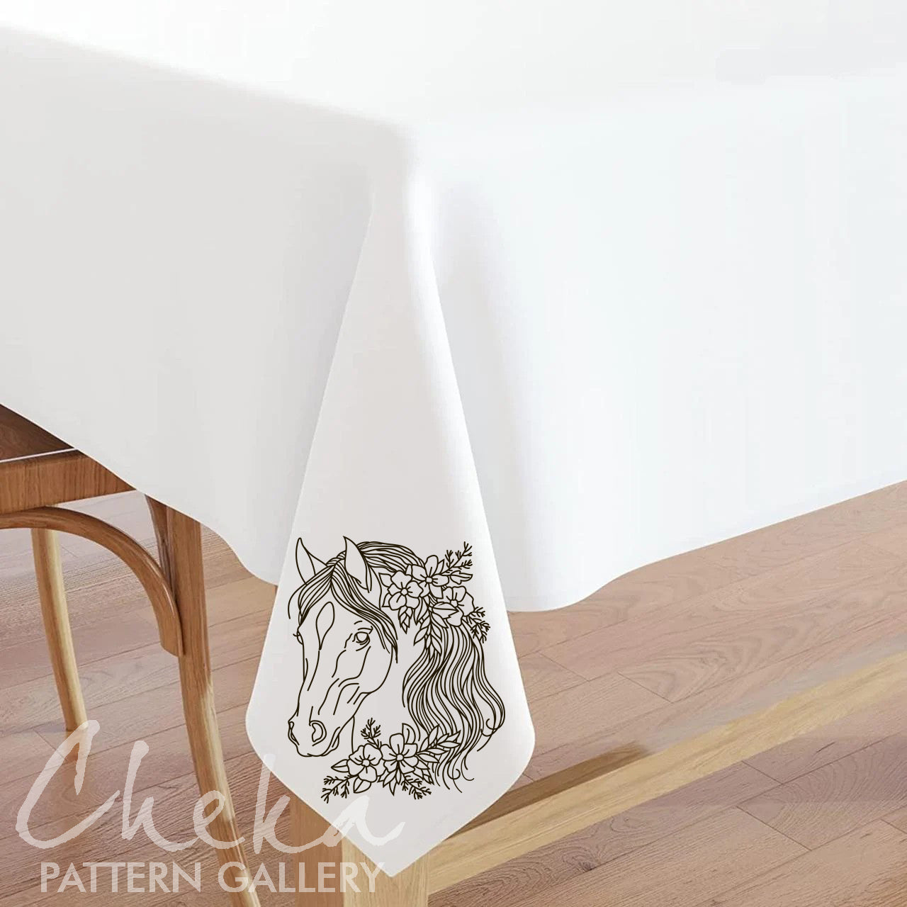 cottage design tablecloth, Horse embroidery pattern. Horse with flowers, hand embroidery template. Simple embroidery with horse and flowers. Horse digital portrait PDF