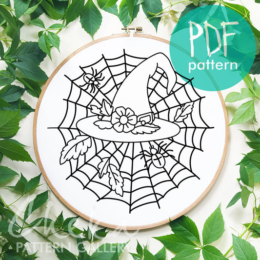 Witch's hat embroidery pattern. Autumn embroidery, Halloween decor. Witch pattern, Halloween pattern. A magic hat with flowers and cobwebs