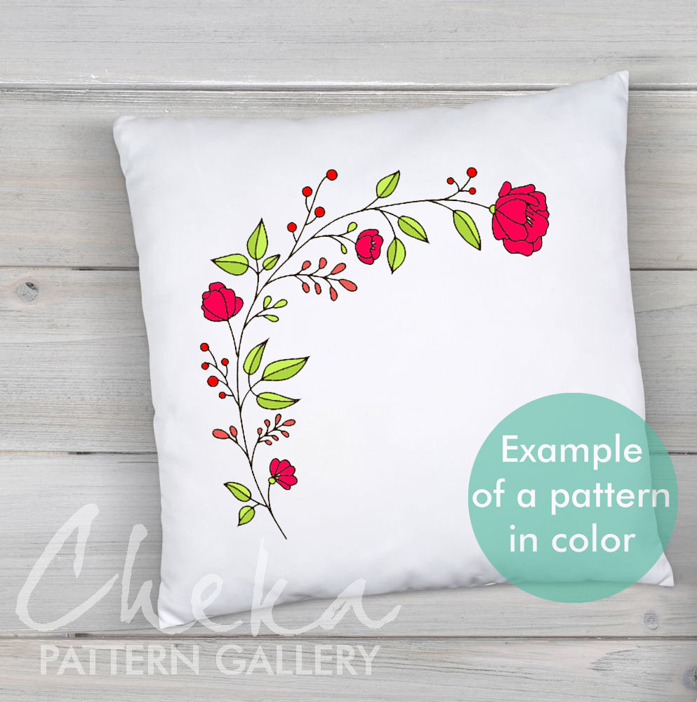 Floral pattern for hand embroidery. Pattern for a sofa cushion. Simple Embroidery for beginners. Hand embroidery scheme for a pillow case, embroidered cottage style pillow