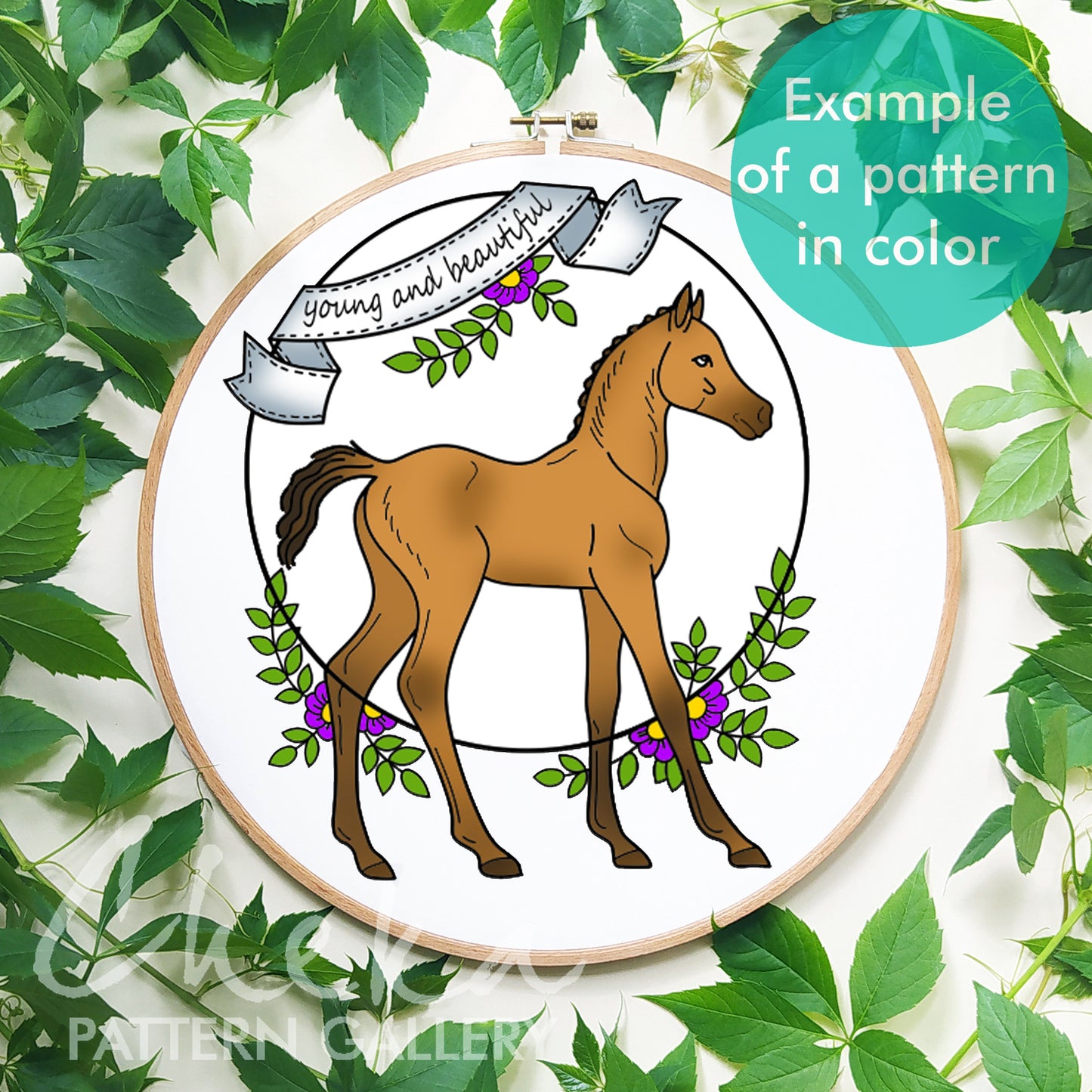 Foal Embroidery, Foal embroidery pattern. A baby horse with flowers, a simple pattern for hand embroidery, cute foal pattern